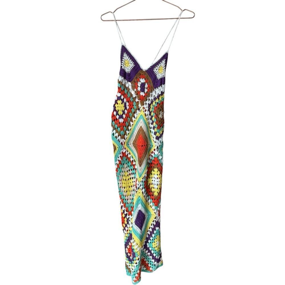 Handmade Afghan Crochet Maxi Dress Colorful Boho Festival Lounge Size XS
